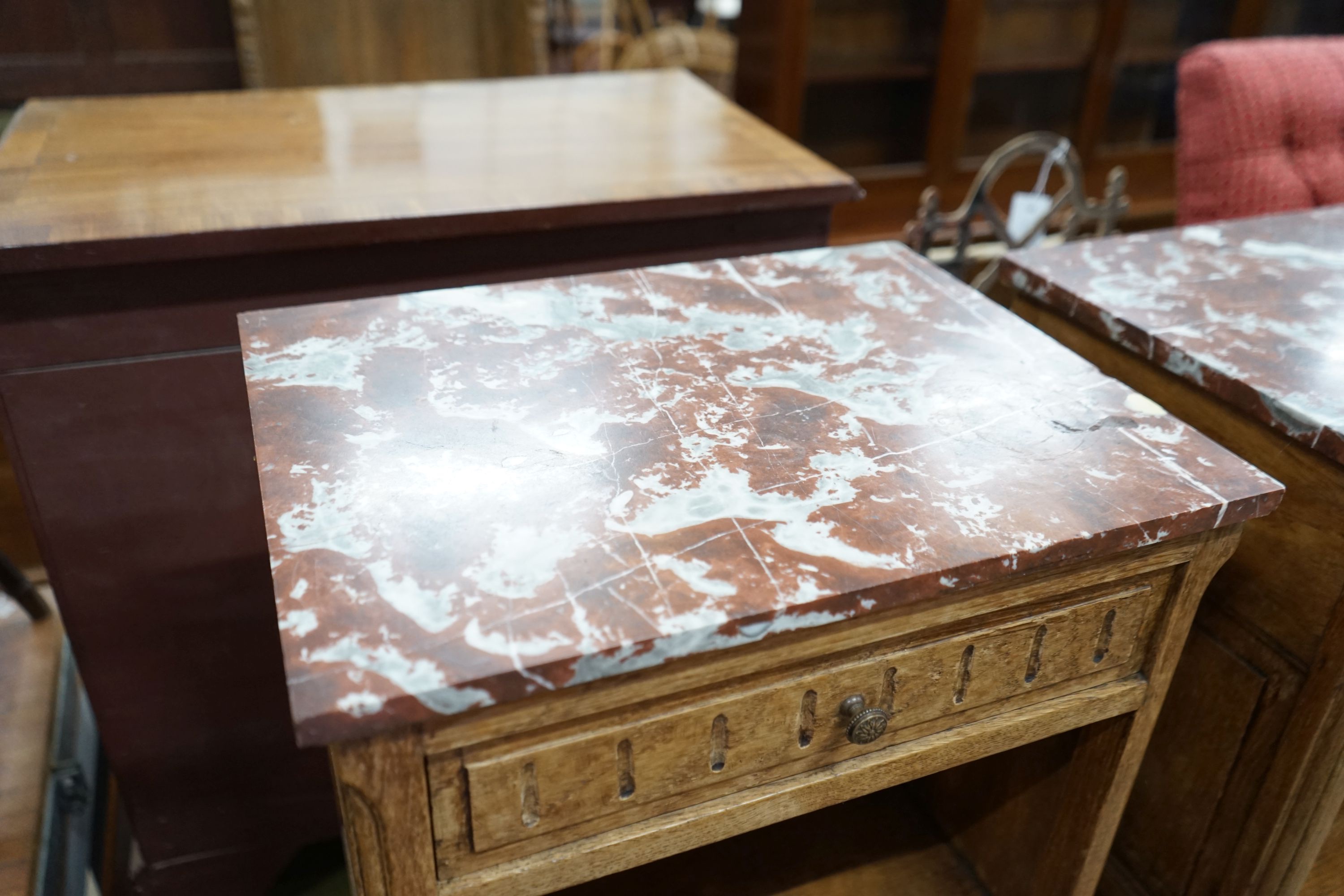 A pair of late 19th / early 20th century French oak marble topped bedside cabinets, width 43cm, depth 33cm, height 79cm